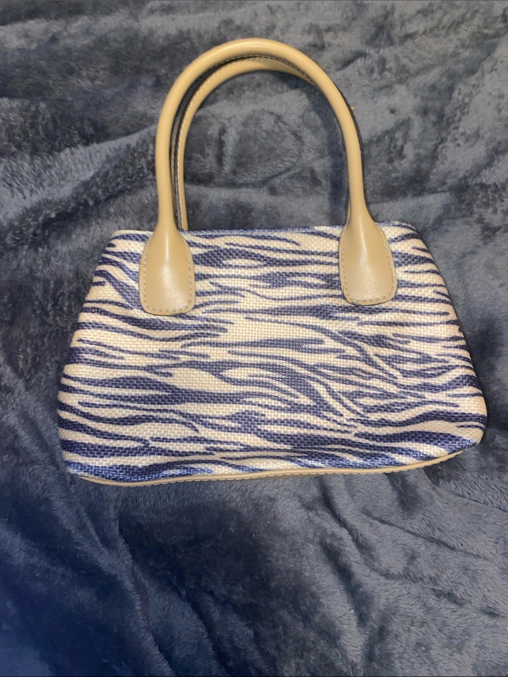 villager Navy and White Zebra-Print Shoulder Bag with Cream Handles